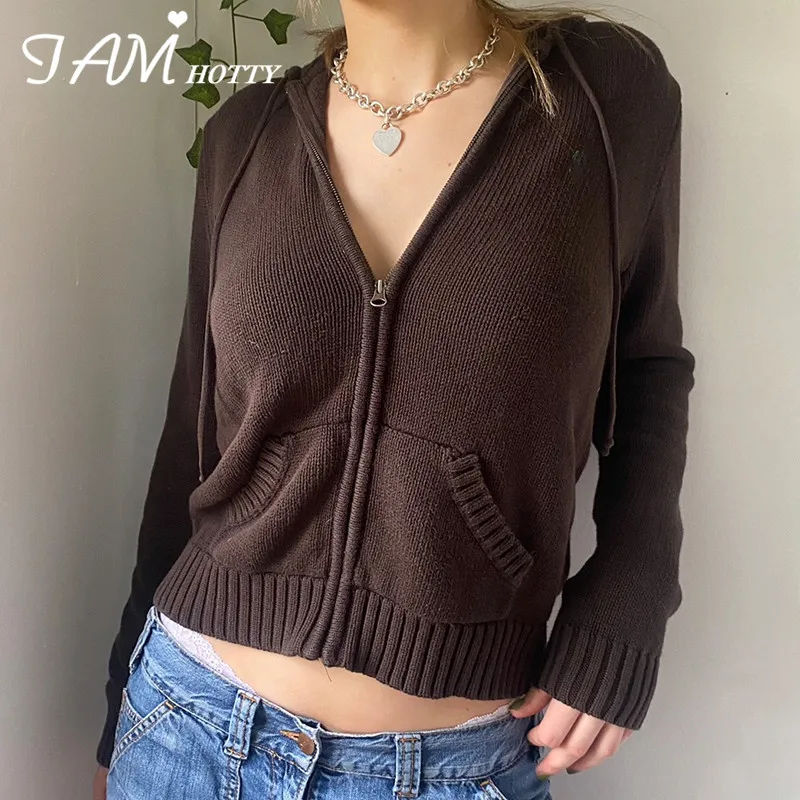 

Zip Up Loose Sweater Cardigan Women Casual Pockets Hooded Sweaters Autumn Winter Outerwear Solid Casual Jackets Coat Iamhotty