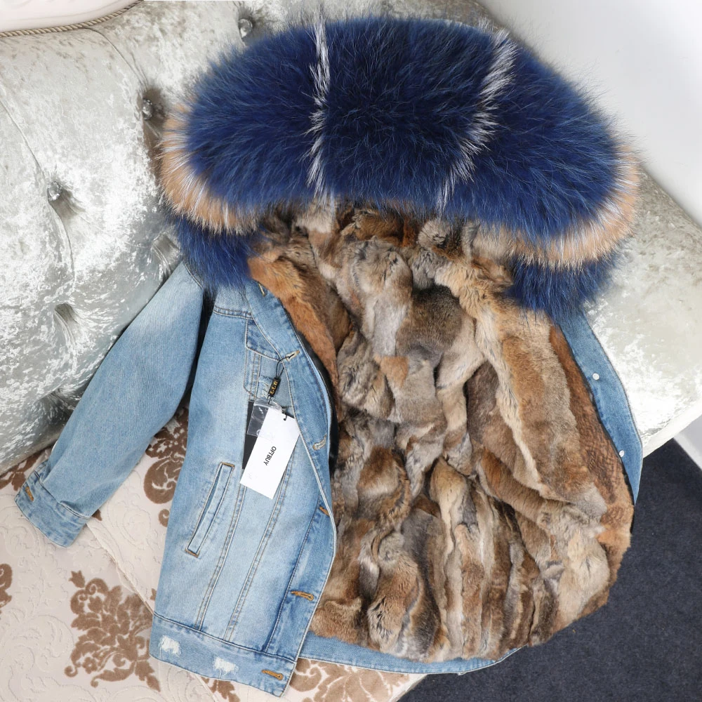 MENINA BONITA 2022 Winter Jacket Women Real Fur Coat Parka Real raccoon collar Rex Rabbit striped bomber Denim jacket Streetwear