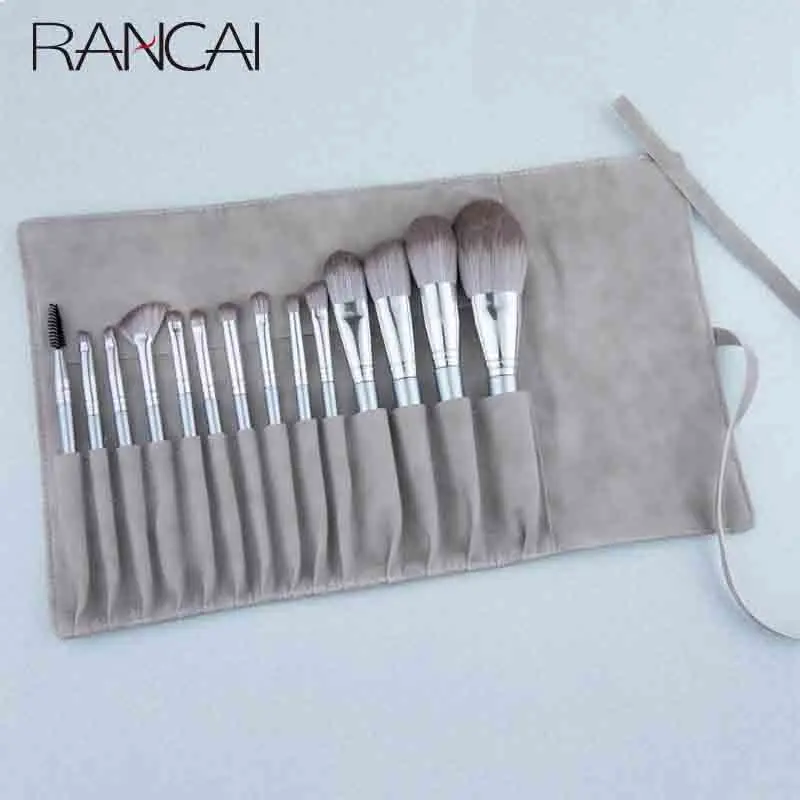 RANCAI 14pcs Set di pennelli per trucco professionale Brochas Maquillaje Fiber Hair make-up per strumenti cosmetici da donna con borsa in pelle