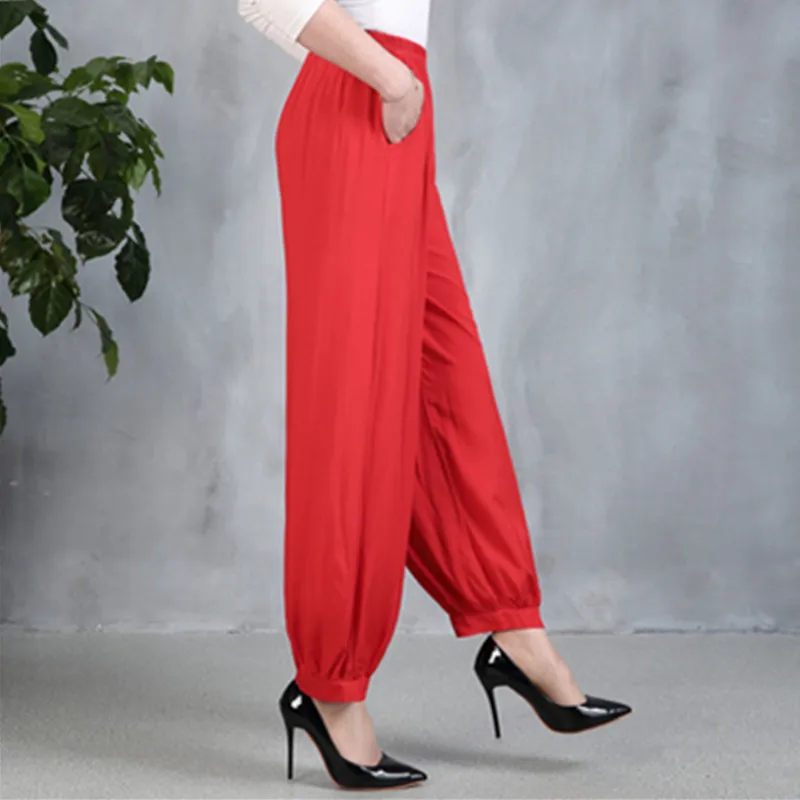 UHYTGF Trousers For Women 2022 Fashion Cotton Silk Printing Casual Spring Summer Pants Female Elegant 5XL Loose Size Pants 1615