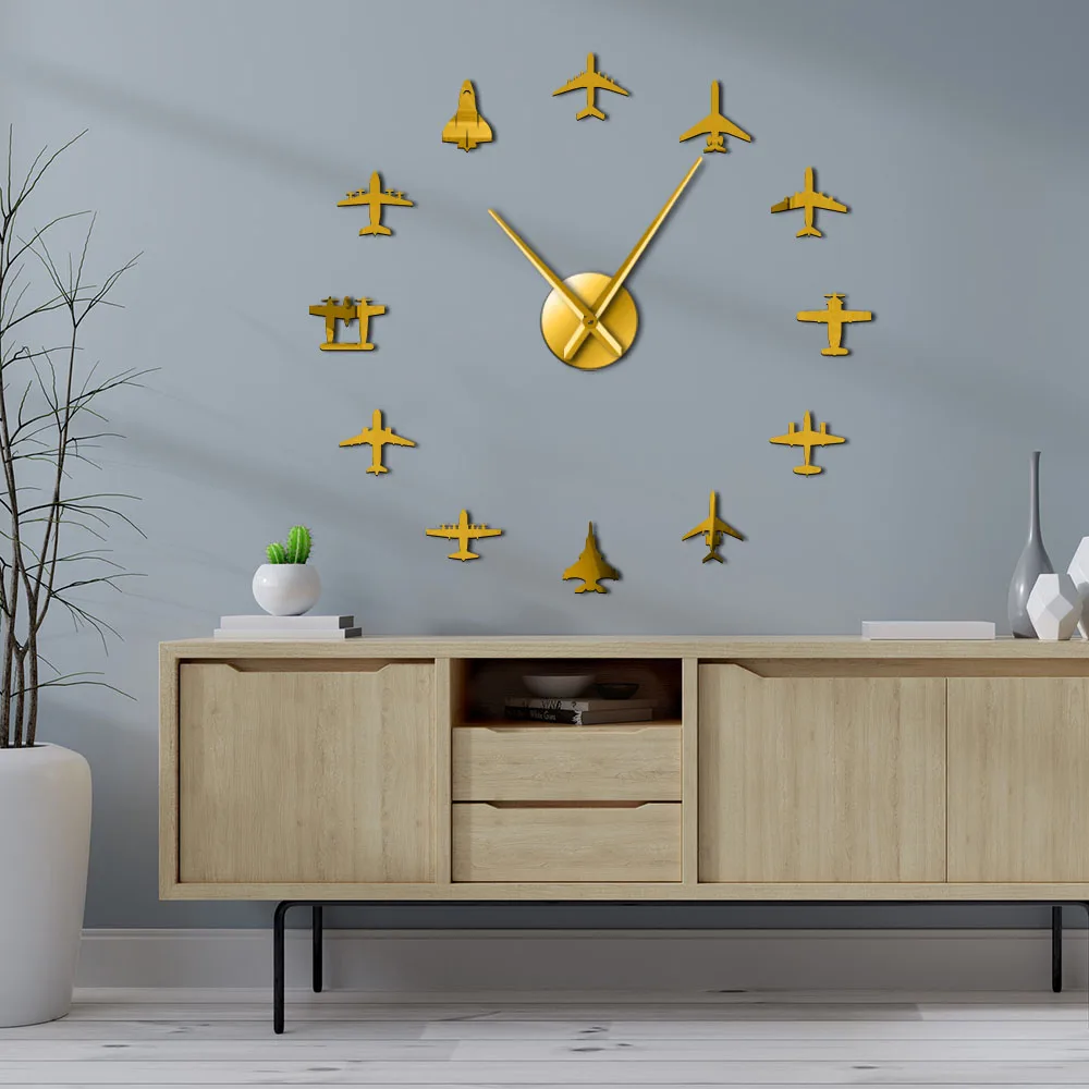 Flying Plane Fighter Jet Large Wall Clock DIY 3D Acrylic Mirror Effect Sticker Airplane Silent Watch Aviator Home Decor view 3