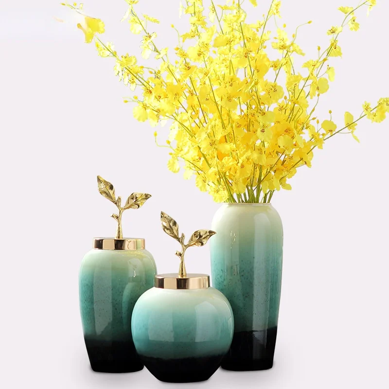 

Creativity Ceramic Vase Handmade Gradient with Cover Golden Leaves Modern Home Crafts Ornaments Flower Vases Wedding Decoration