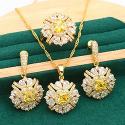 Gold Color Jewelry Sets For Women Wedding Yellow White Blue Crystal Earrings Necklace Pendant Open Ring Christmas Gift Box 3PCS