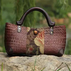 32x12CM Original Chinese Style Features Handmade Old Straw Bag Rattan Woven Wooden Handle Retro Handbag  a6103