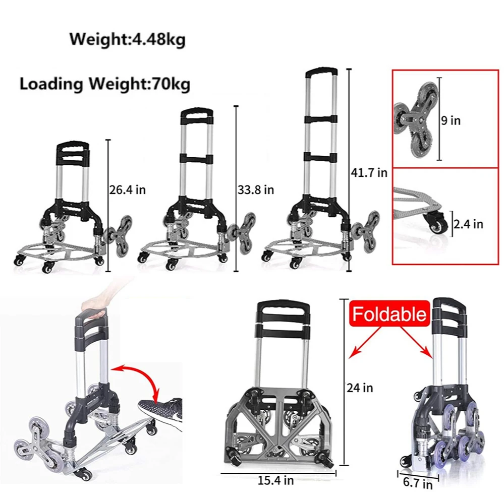 عربة 150 كجم متينة قابلة للطي بعجلات قابلة للطي شاحنة بارو عربة سفر الأمتعة عربة التسوق المحمولة استخدام المنزلي تسلق الدرج