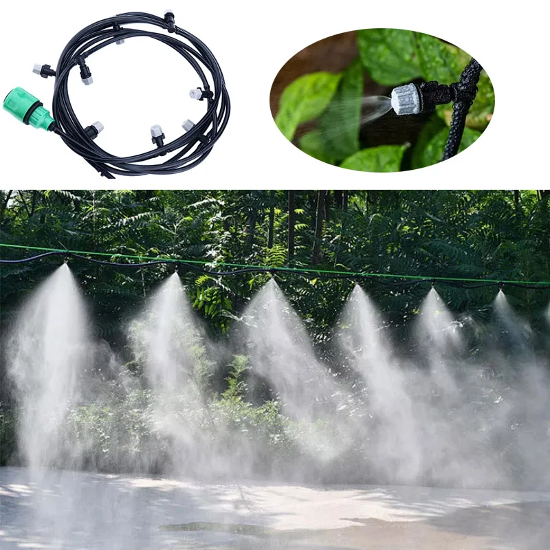 1 Kit Fog Watering Irrigation System Portable Misting Cooling Automatic Water Nozzle 10M PVC Hose Spray Head 4/7mm Tee Connecter