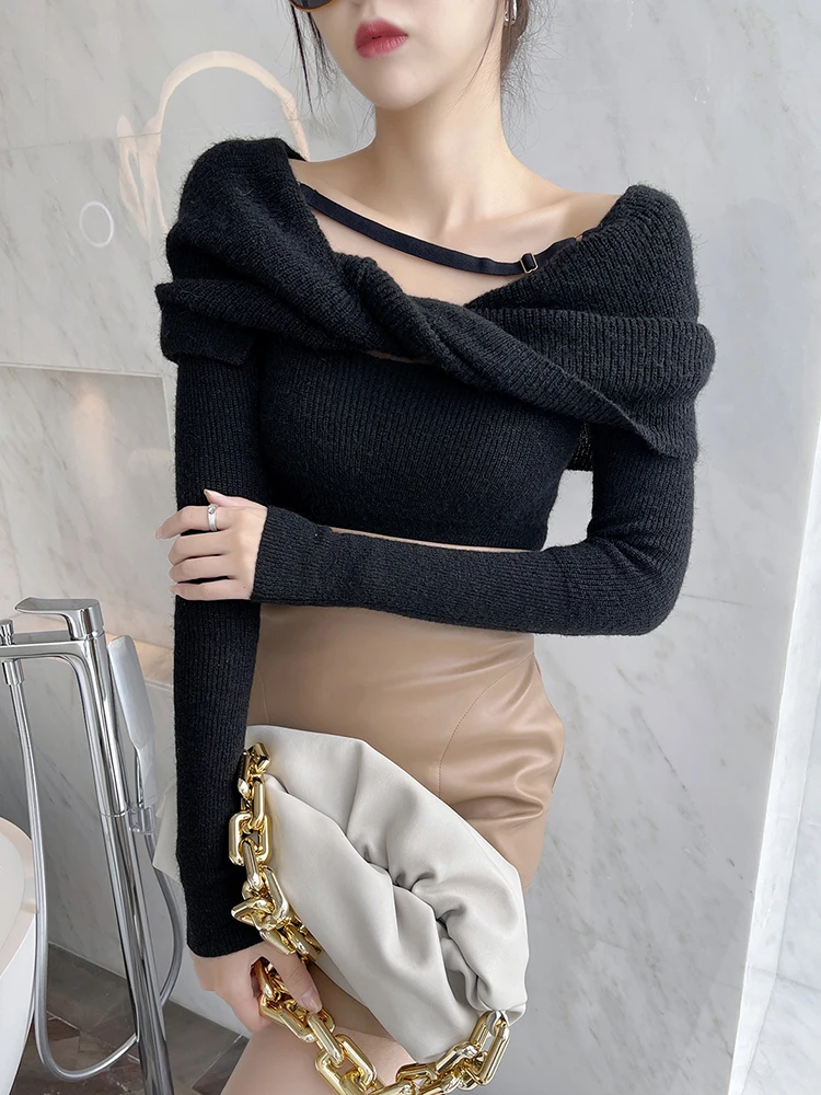 TWOTWINSTYLE Casual Slim Knitted Pullovers For Women Slash Neck Long Sleeve Elegant Sweater Female Fashion New Clothing 2021