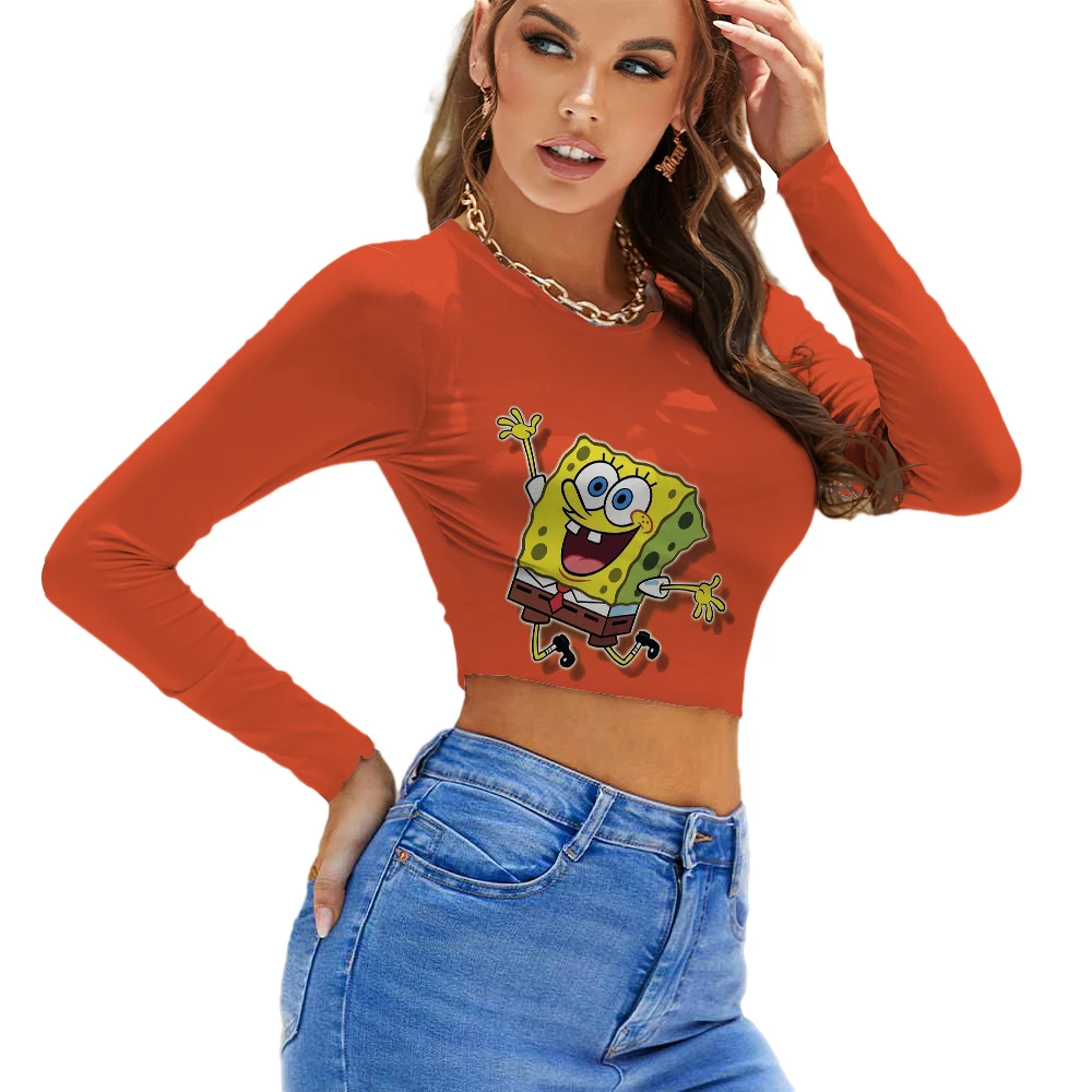 SpongeBob SquarePants Pie Big Star Solid Color Printing Skinny Slim 3D Printing Ladies T-shirt Long Sleeve Top