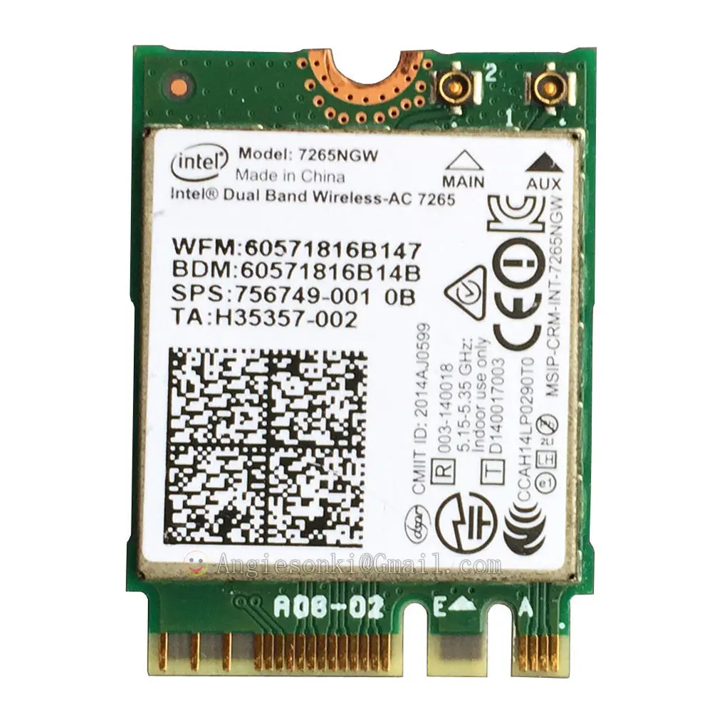 

7265NGW NGFF M.2 867m 802.11ac Wifi + Bluetooth 4.0 Wlan Card 867Mbps Intel 7265AC For HP 756749-001 EliteBook 850 G2