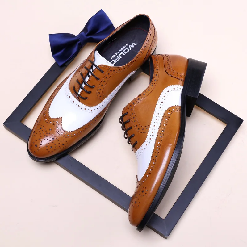 Luxury Black White Wingtip Quality Patent Leather Dress Shoes Italian Fashion Brogues Wedding Classic Oxfords Shoes for Male