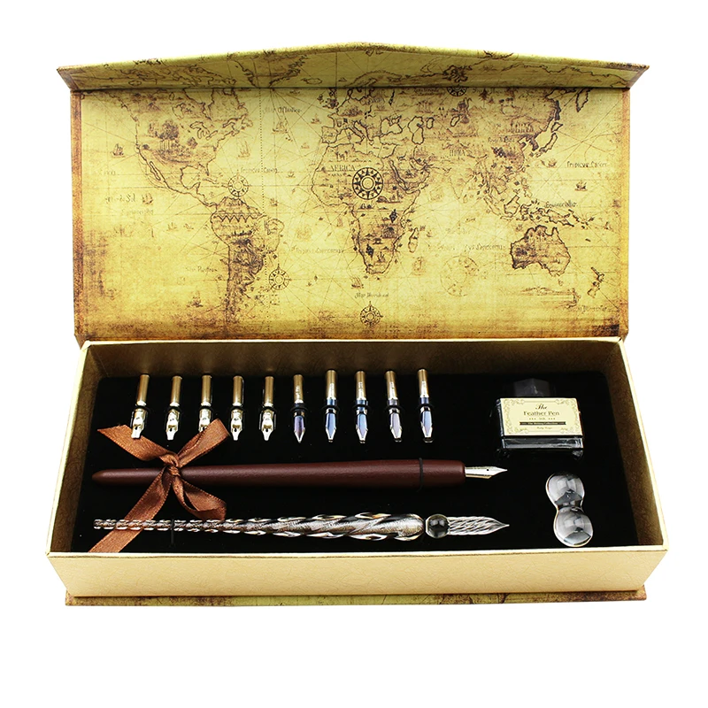 FEATTY-Kit de stylos à tremper en bois, ensemble d'écriture de calligraphie en cristal de verre, stylo plume de haute qualité pour le lettrage d'art, le dessin, 10 plumes