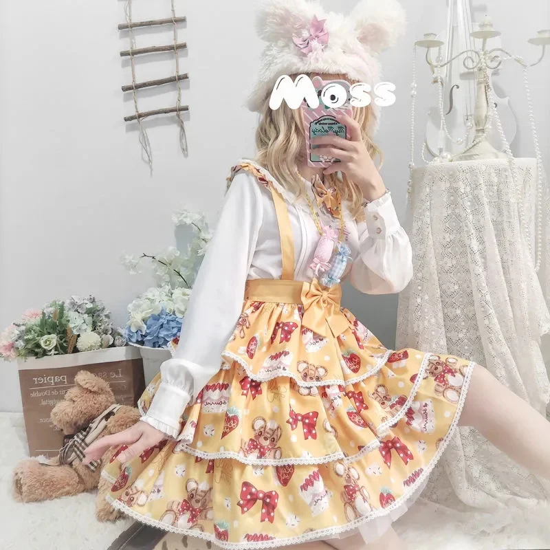 Jupe Lolita japonaise pour étudiantes, tenue Kawaii Vintage, Falbala mignon imprimé, sangle à nœud papillon, Lolita Cosplay Cos Loli