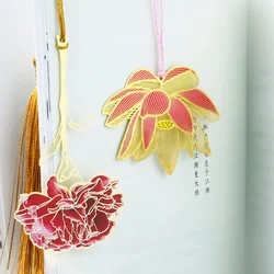 1 Psc Metal Bookmark Vintage Chinese Style Rose Flower Four Leaf Clover Hollow Fringed Pendant 3D Painted Bookmarks for Books