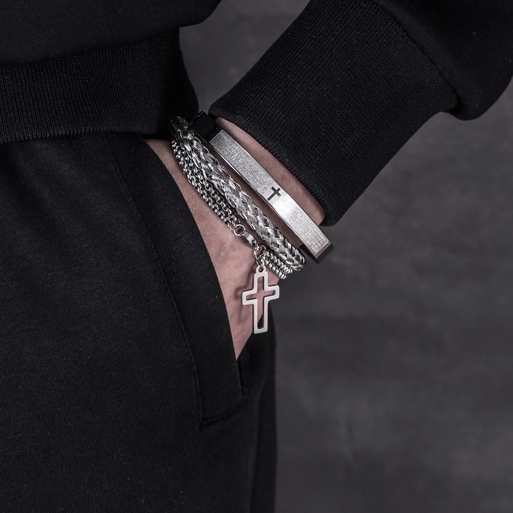 Luxury 3pcs/Set Stainless Steel Cross Bracelet  Men Jewelry Charm Open Brangle Carving Spanish Scripture Pulseira Bileklik
