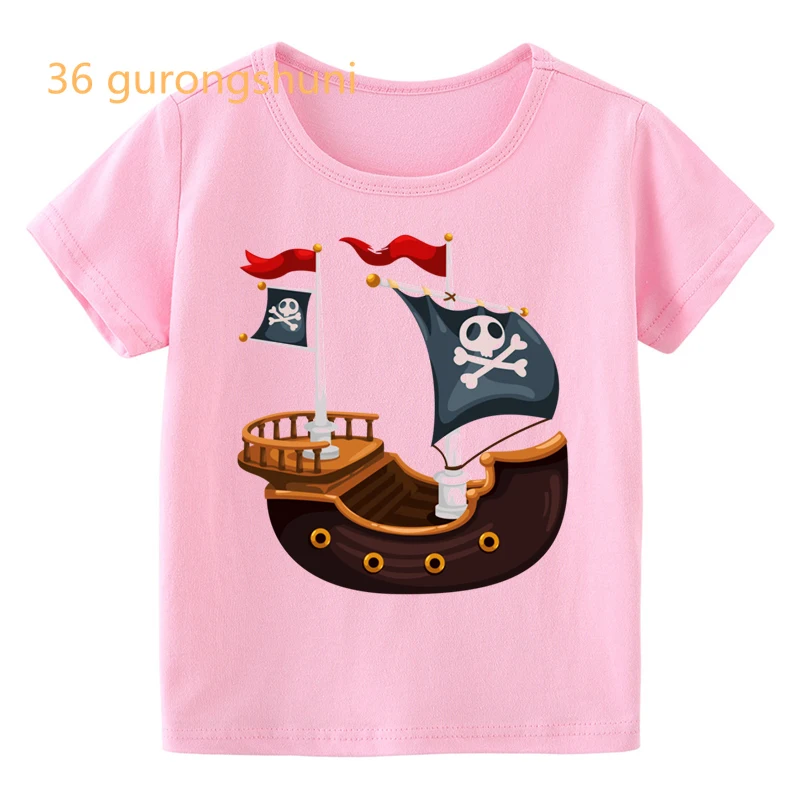 funny boy t shirt for girls pink tops cartoon skull Pirate Ship graphic tees children clothing kids clothes 8 to 12 boys t-shirt