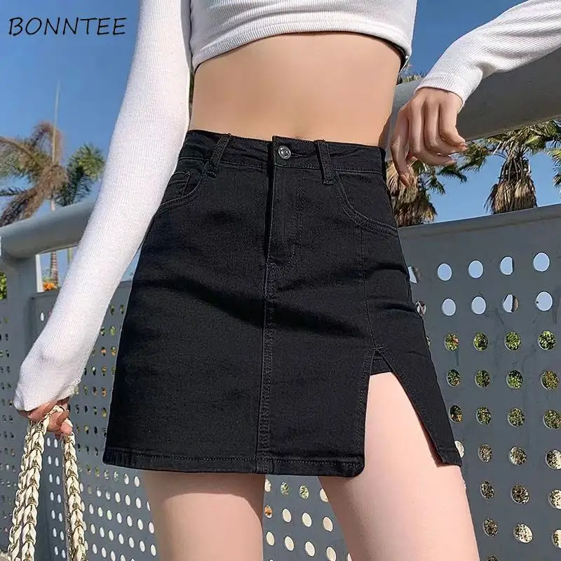 

Skirts Women Denim 4 Colors New 2021 Summer Fashion Split Lined Ins Streetwear Above Knee BF Cool Empire Ladies Hot Sale Bottoms