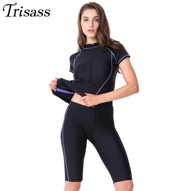 Trisass 2021 New Two Piece Skirt Swimsuit For Women Sports Surf Suit Tankini Long Pants Bathing suit With Zipper Sleeve Swimwear