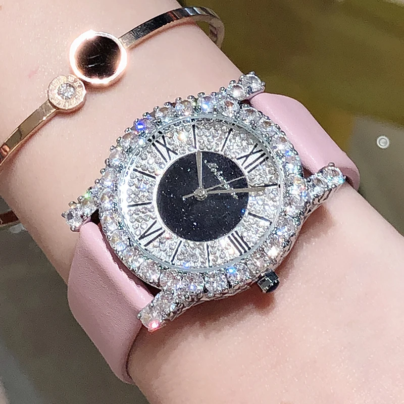 Fashion Diamond Bling Crystals Women Wristwatch Small Thin Luxury Bracelet Leather Elegant Female Dress Clock Relogio Feminino