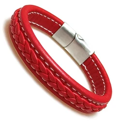 Punk Men Jewelry Black Red Braided Leather Bracelet Stainless Steel Magnetic Clasp Fashion Bangles Wrap Bracelet