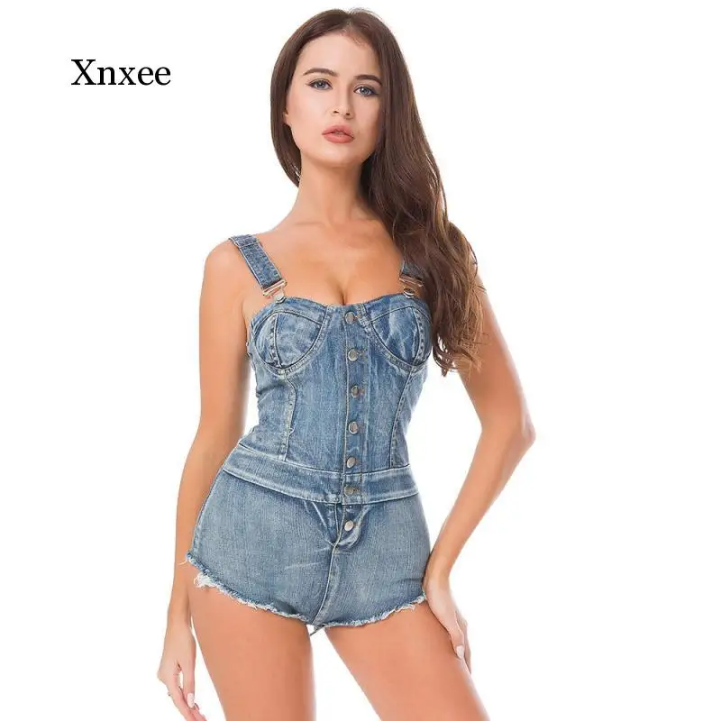 Mùa Hè Mới Spaghetti Dây Đeo Quần Jean Jumpsuitskorean Dạo Phố Đơn Ngực Mỏng Playsuits Sexy Đi Biển Phong Cách Denim Bodysuits