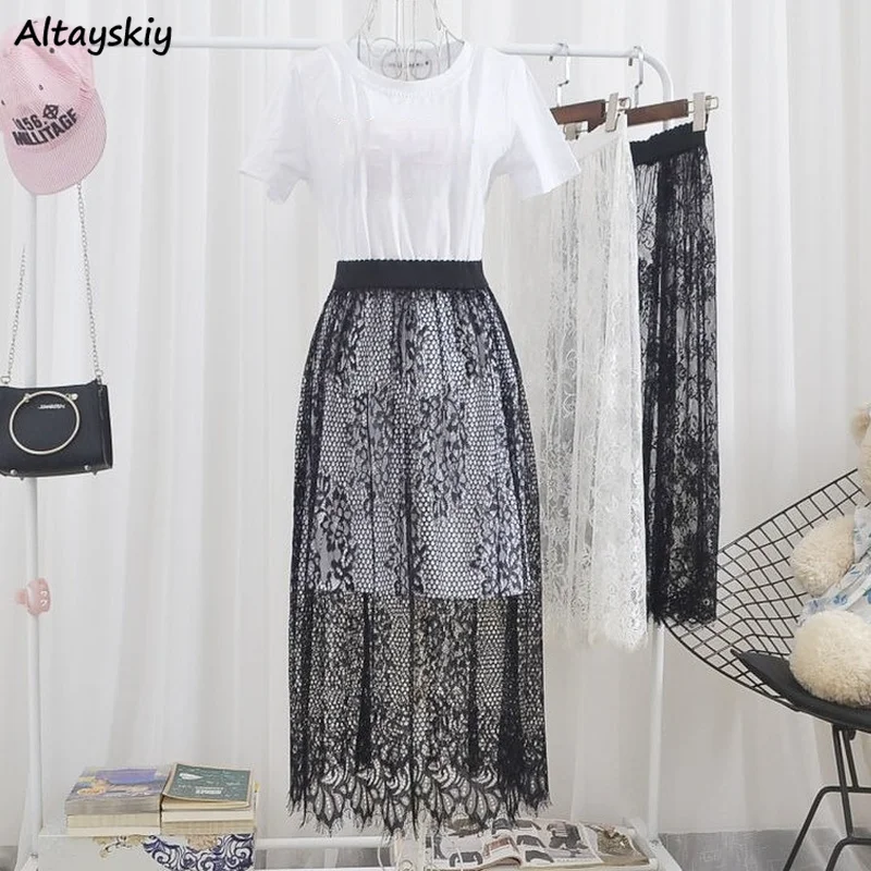 Mesh Skirts Women Summer Sexy Decoration Retro Simple Ins Party Solid Color Lace Popular Basic Clothing Princess Elegant Faldas