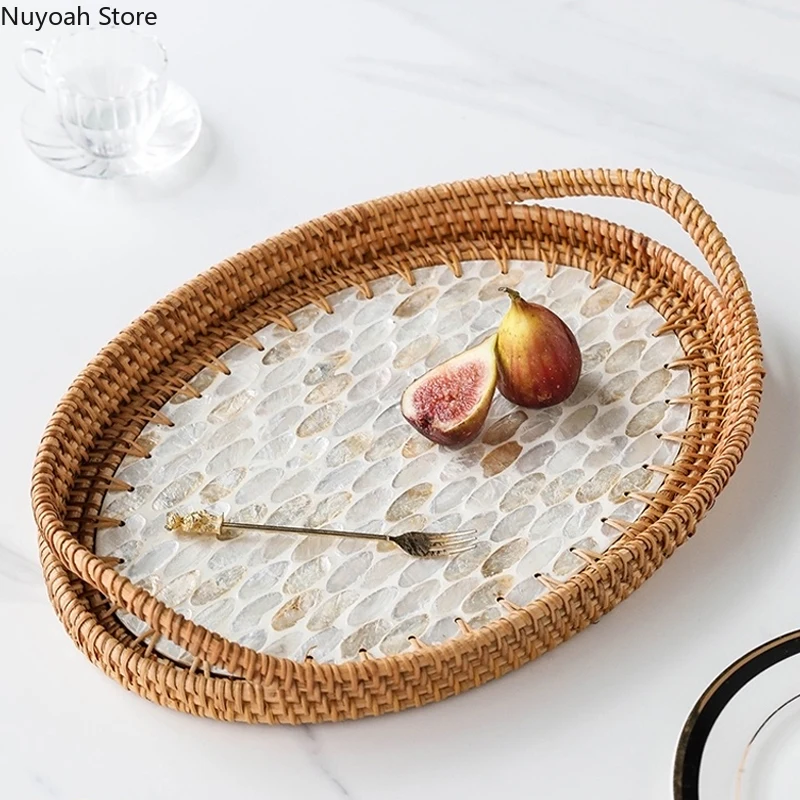 Nordic Light Luxury Style Handmade Rattan Storage Tray Shell Binaural Bread Tray Creative Oval Fruit Basket Decoration Tray