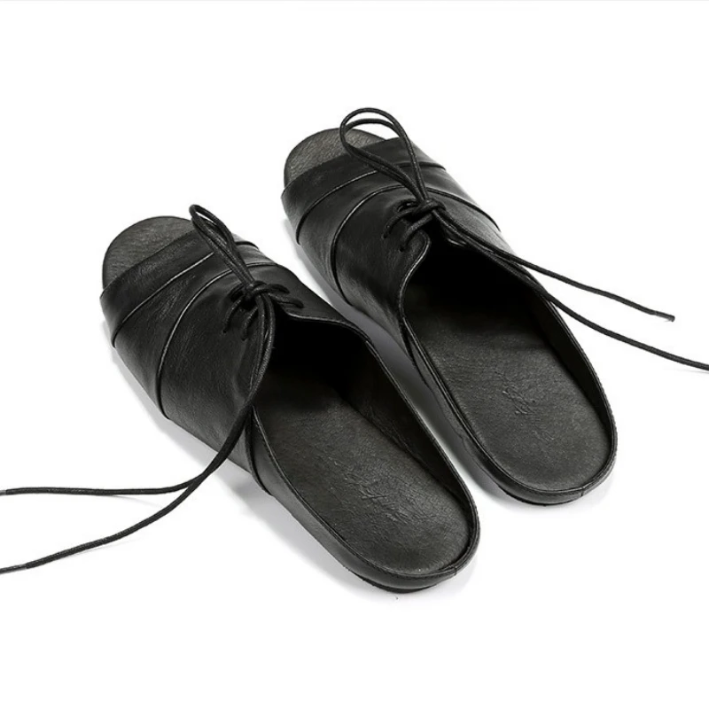 

2019 Fashion England Vintage Genuine Leather Slippers Mens Summer Rome Open Toe Shoes Black Slip On Flat Sandals Casual Footwear