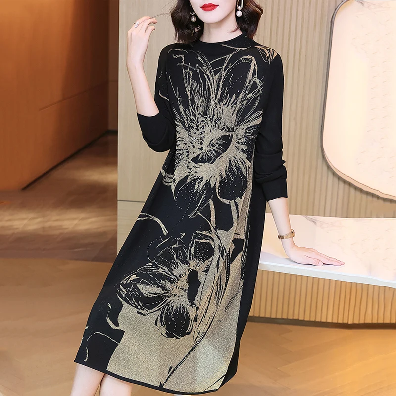 High-End Wool Knitted + Diamond Stitching Floral Dress Winter New Half High Collar Loose Mid-Length Sweater Dress One Size