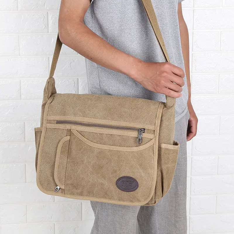 New Light Canvas Men\'s Shoulder Messenger Bags Male Solid Color Waterproof Short Trip Business Crossbody Large Capacity Bags