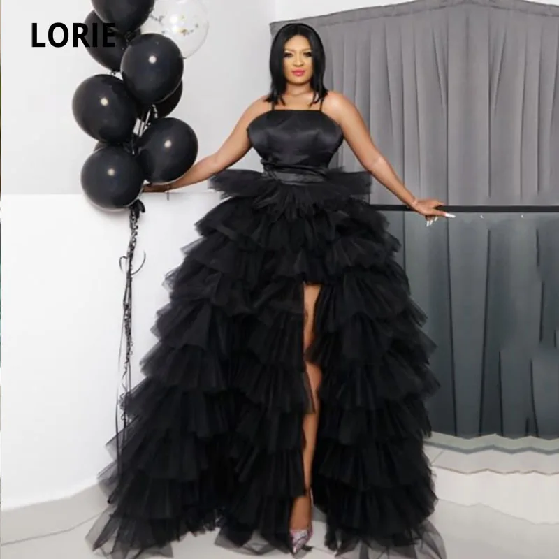 LORIE Arabic Evening Dress Teried Short Front Long Back Black Satin Top Tulle Skirt Dubai Prom Gown Celebrity Party Dresses 2021