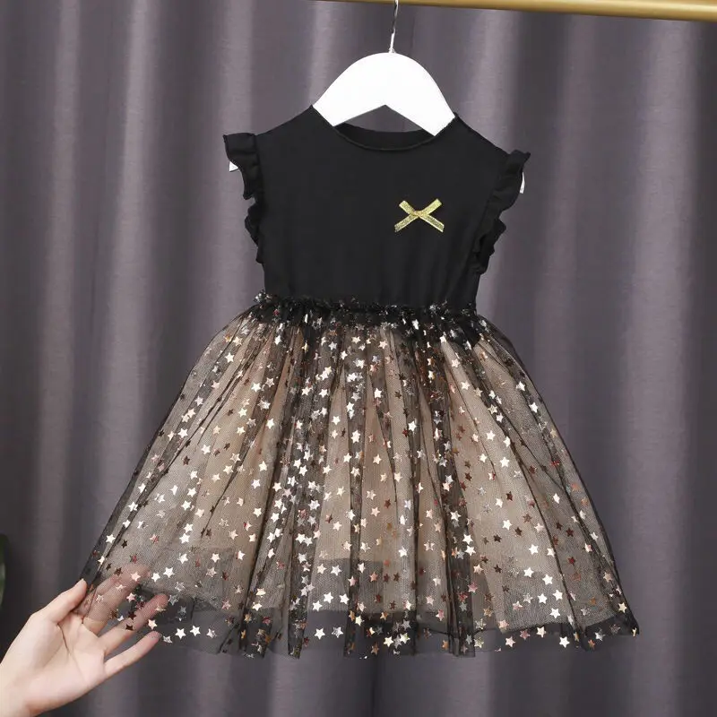 1 to 7 Years 2023 New Baby Dress Spring and Summer New Korean Girl Cotton Tutu Skirt Star Net Gauze Princess Dress