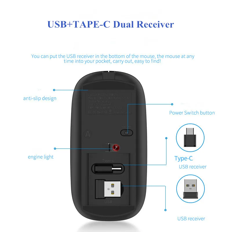 2.4G Wireless Mouse Silent PC Mause Rechargeable Ergonomic Mouse USB +TAPE- C Dual Receiver Optical Mice For Laptop PC