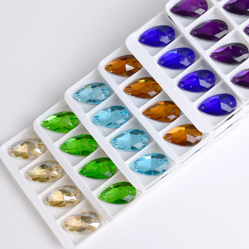 All colors sew-on rhinestones Water drops flatback sew on stone 2holes glass crystal for DIY wedding dress Accessories all size