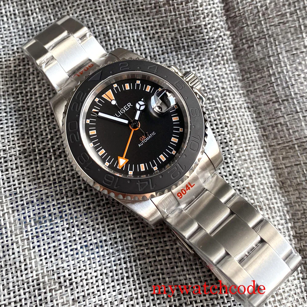 Бренд Bliger, 40 мм, новые GMT Mingzhu 3804, черные/белые механические автоматические мужские часы с сапфировым стеклом, вращающийся безель, светящиеся метки