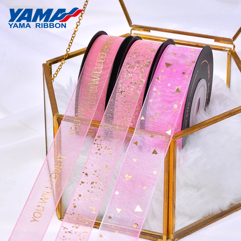 YAMA-Pink Series Satin Ribbon, Gold Foil Printed, Organza Ribbons, Wedding Gift, DIY Decoration, Craft Supplies, 10Yards/Roll