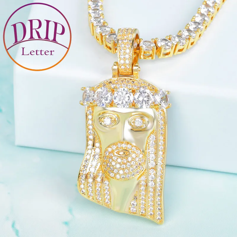 Religious Jesus Head Pendant Gold Color Bling Cubic Zircon Men's Hip Hop Necklace Jewelry For Gift