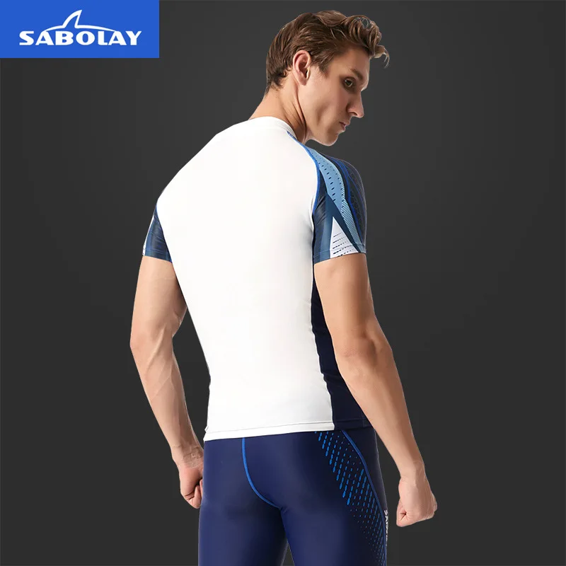 L-5XL Plus Size Surfing Swim Shirt Men Rash Guard Swimwear Rashguard Fast Dry Short Sleeve Swimsuit Swimming Sailing Diving Suit