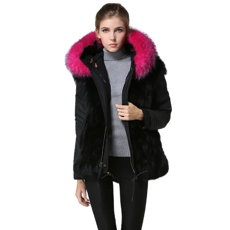 Hot Pink Fox Fur Parka Ladies Winter Wear,Black Coats With Fox Fur lined Luxury Wear For Unisex