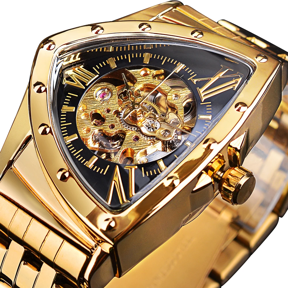 Forsining Golden Luxury Men Mechanical Wristwatch Triangle Automatic Watches Stainless Steel Irregular Watch Hollow Reloj Hombre