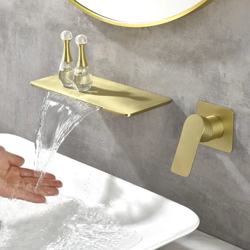 

Brushed Gold Bathroom Basin Faucet Soild Brass Sink Mixer Hot & Cold In-Wall Single Handle 2 Holes Lavatory Crane Waterfall Taps