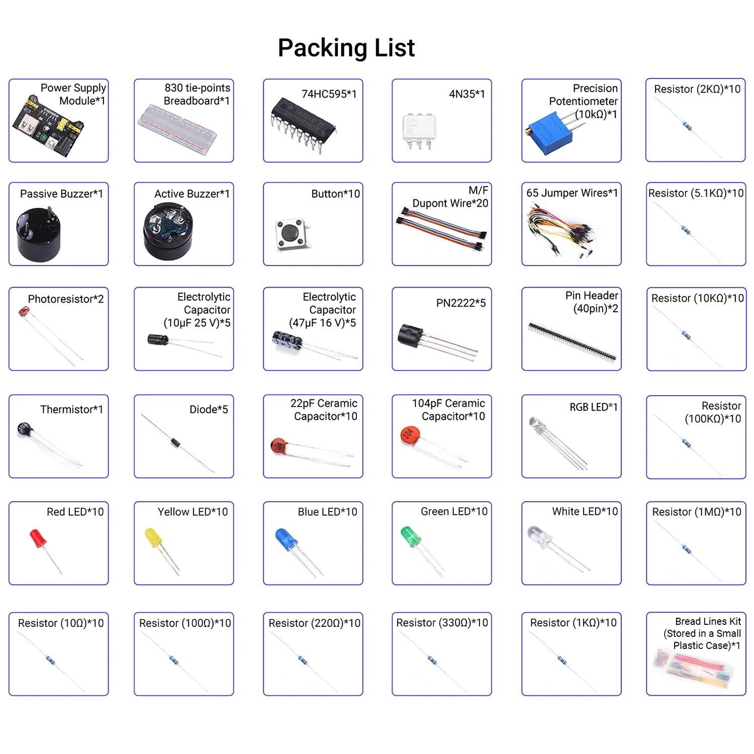 Produktbild von 830-Punkte Breadboard Starter Kit – Für Arduino, Raspberry Pi – LEDs, Widerstände, Transistoren, Summer, Potentiometer