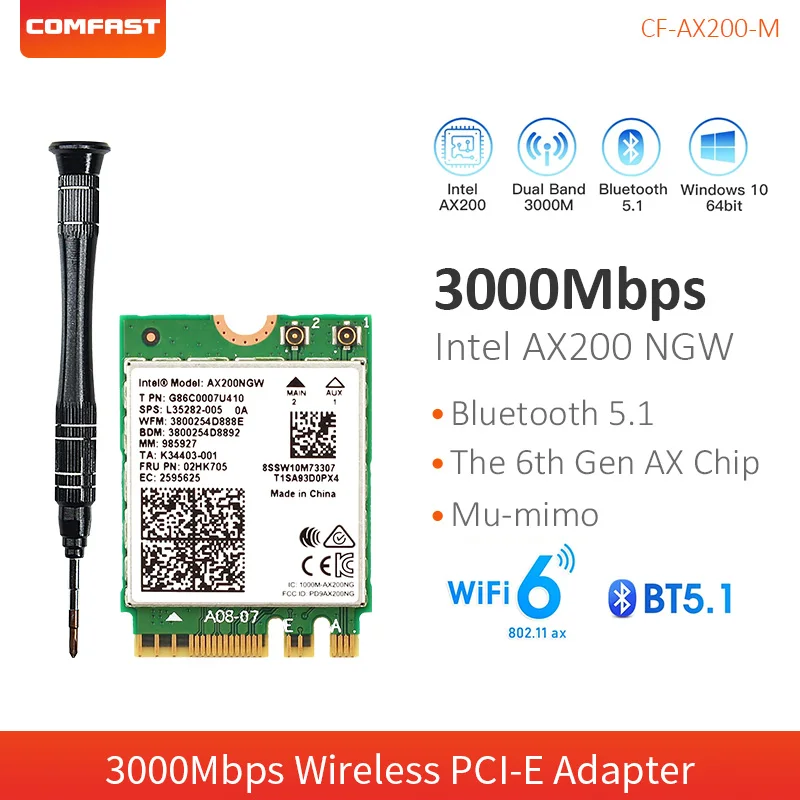 

2974Mbps Mini PCI-E Wifi 6 Card Dual Band AX200 NGFF M.2 AX200NGW Bluetooth 5.1 802.11 AX Laptop Wi-Fi Wireless Adapter Module