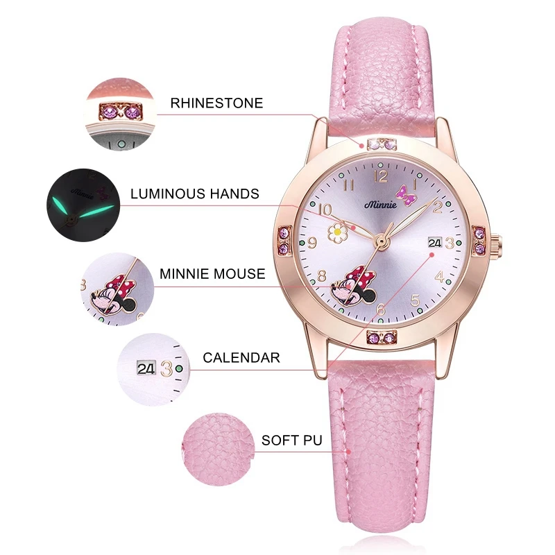 Disney Cartoon Minnie Girl Watch calendario da donna regalo quarzo carino cristallo orologi per bambini orologio per bambini regali regalo di compleanno