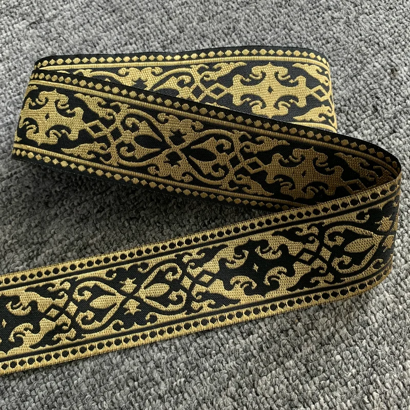 10Yards/lots Wide About 5cm Woven Jacquard Ribbon Flower Trims Black gold Pattern For Curtain And Clothing Accessory ZERZEEMOOY