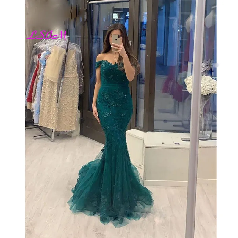 มุสลิมชุดราตรี2020 Mermaid Lace ลูกปัดถอดออกได้รถไฟ Tulle ชุดราตรี Off ไหล่ชุดราตรียาว