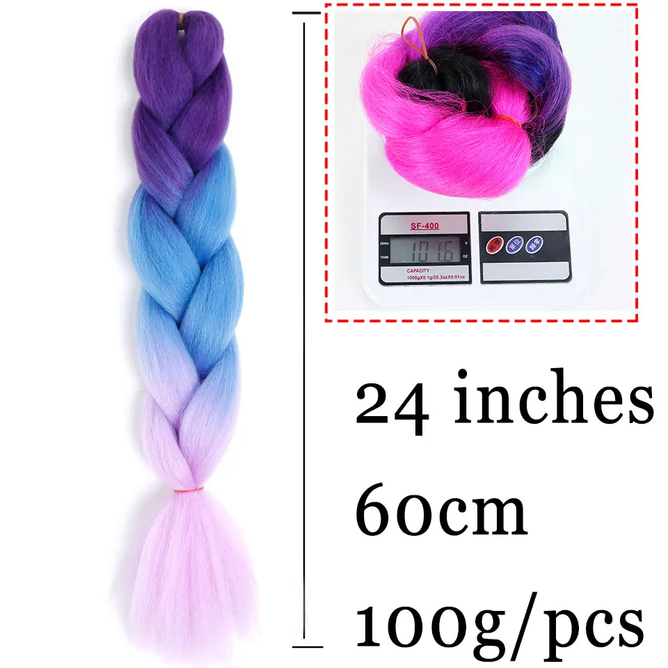 24Inch Synthetic Braids Rainbow Hair Ombre Color Green Pink Yellow Blonde Braids Clip on Hair Extension Twist Jumbo MUMUPI