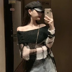 Punk Loose Women Pullover Long Sweater Hole Cool Top Slash Neck Jumpers Transparent New Gothic Thin Striped Hollow Out 2022 Lady