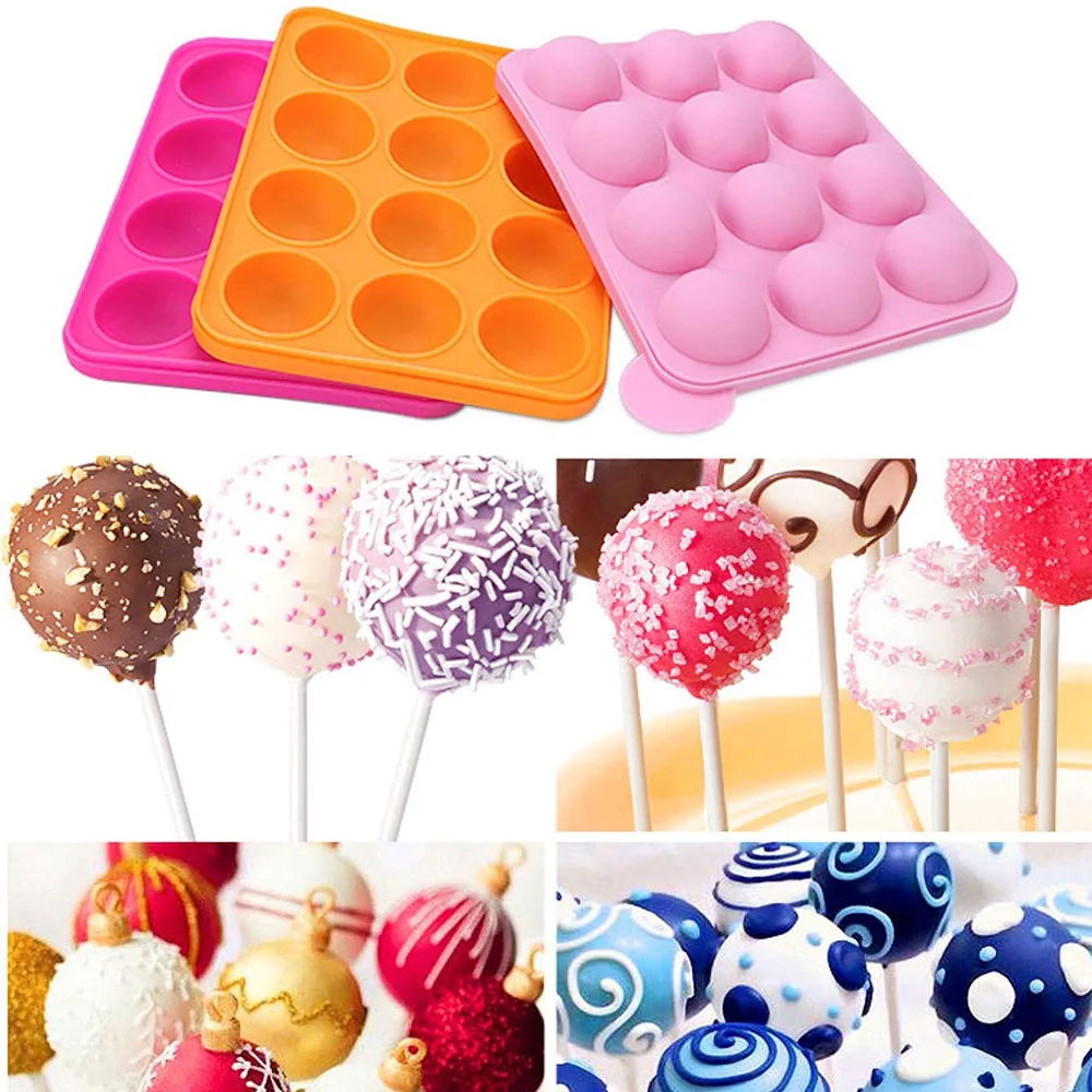 Round Silicone Lollipop Mold Cake Pop Set 12 Cavities Chocolate Hard Candy Mold Ice Cube Tray Cupcake Baking Sets Party Maker