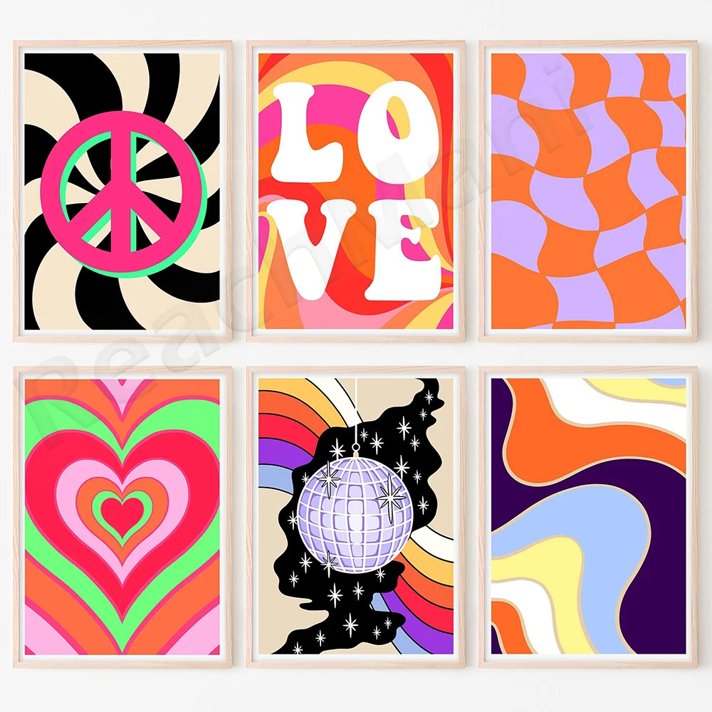 Set of 6 Groovy Prints，Unframed ，70's Retro Psychedelic Illustration Gallery Wall Art Poster Bundle