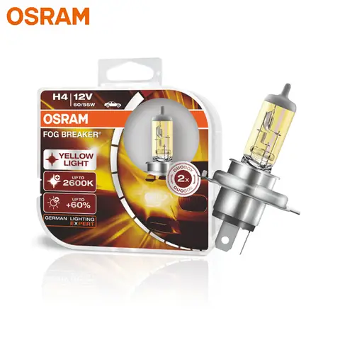 OSRAM-H4 9003 HB2 노란색 62193FBR 할로겐 안개 차단기 12V 60/55W 자동차 오리지널 헤드 라이트 2600K 라이트 + 60% 더 밝은 램프, 쌍